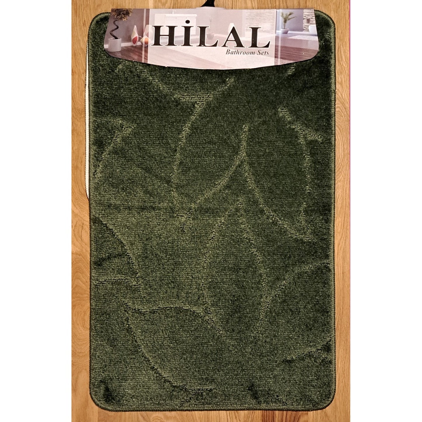 HILAL 2 részes, sötétzöld színű, nyomott mintás fürdőszobaszőnyeg szett