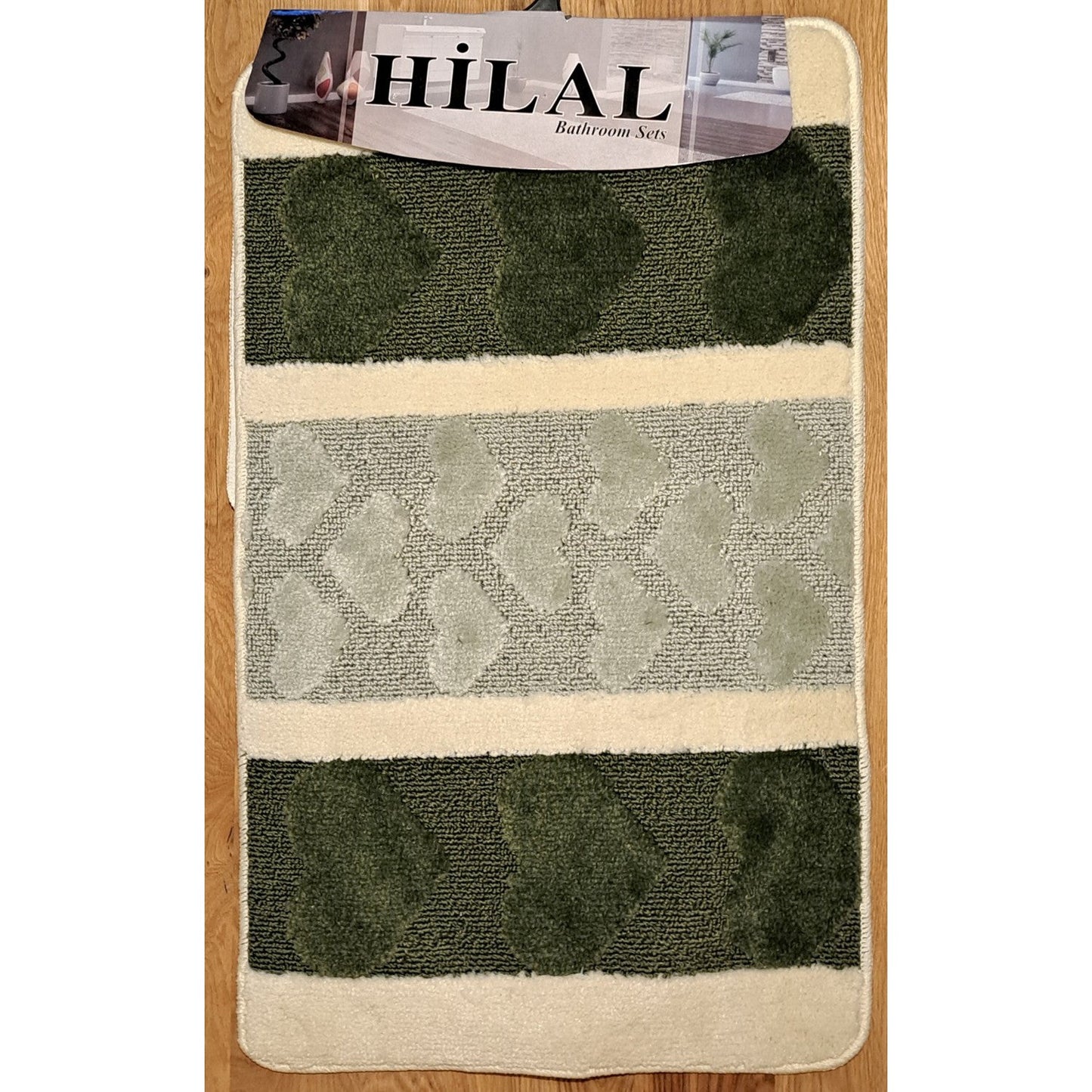 HILAL 3 részes, sötétzöld - világoszöld színű, nyomott mintás fürdőszobaszőnyeg szett