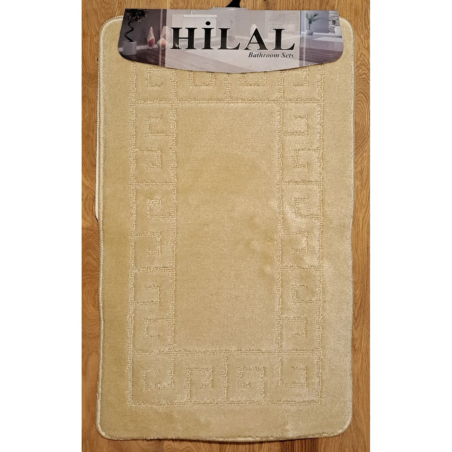 HILAL 3 részes, drapp színű, nyomott mintás fürdőszobaszőnyeg szett
